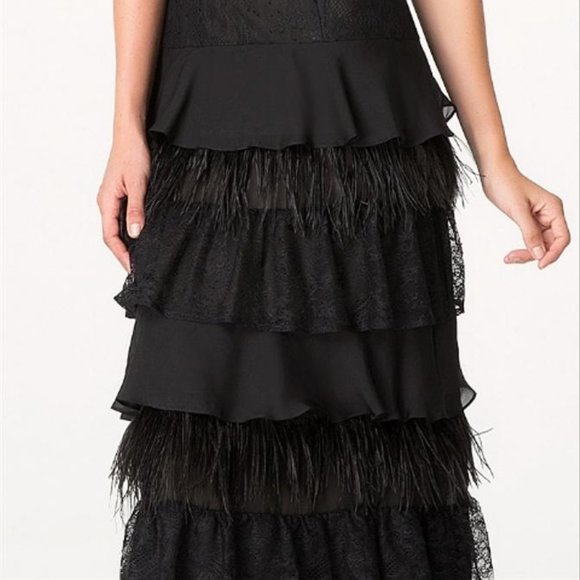 Bebe Long Black Feather Lace Chiffon Gown Dress 2 - Picture 3 of 6